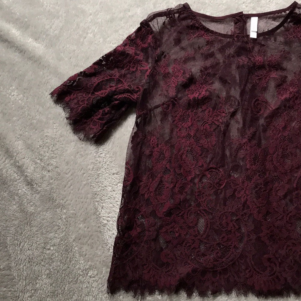 NWOT Sheer, Lace Maroon Top
